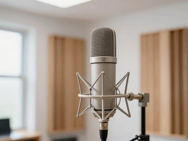 Close-up of a high-end vintage condenser microphone in a sunlit tracking room, warm wood acoustic panels in the soft-focus background, bright natural window daylight