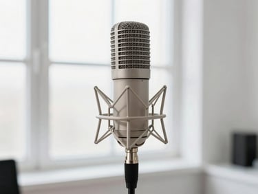 A close-up of a high-end vintage condenser microphone on a stand, soft natural window light, shallow depth of field, clean white studio background.