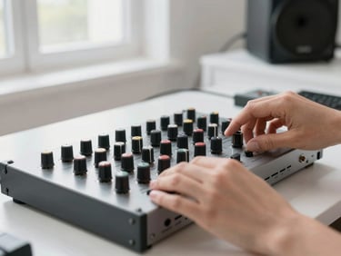 Hands adjusting knobs on a high-end solid-state analog compressor, warm studio lighting, shallow depth of field, crisp details.