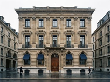 Quiet symmetrical view of a classical stone facade in Geneva banking quarter, soft overcast Swiss daylight, deep navy shadows, 35mm