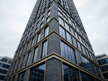 Low-angle architectural crop of a modern stone and glass building in Zug financial district, cool diffused overcast daylight, sharp focus, 35mm