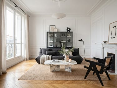 Immaculate finished Parisian living room, high-end design, chevron oak parquet catching soft natural daylight, pristine white plaster walls, minimalist moldings