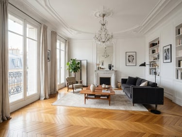Wide architectural shot of a Haussmannian apartment living room in Paris, clean white walls, perfectly restored oak parquet floor catching soft morning daylight, high ceilings with elegant plaster moldings, spacious composition.