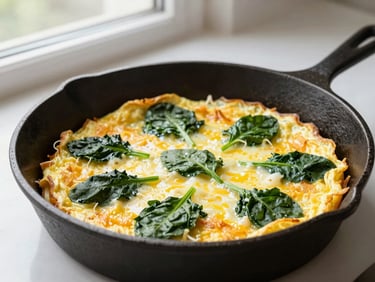 Bright editorial food photography, soft lateral window light, a golden baked omelet with green spinach leaves and melted cheese in a cast iron skillet.