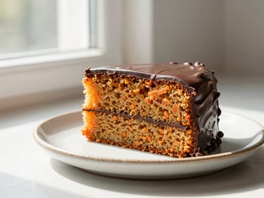 Bright editorial food photography, soft lateral window light, a slice of fluffy carrot cake with chocolate glaze on a rustic ceramic plate.