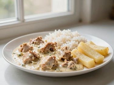 Bright editorial food photography, soft lateral window light, a plate of creamy chicken stroganoff with white rice and potato sticks, warm tones, shallow depth of field.