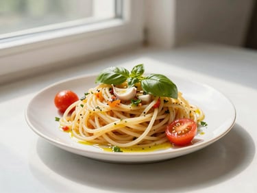 Bright editorial food photography, soft lateral window light, a colorful plate of spaghetti with garlic, olive oil, cherry tomatoes, and fresh basil.