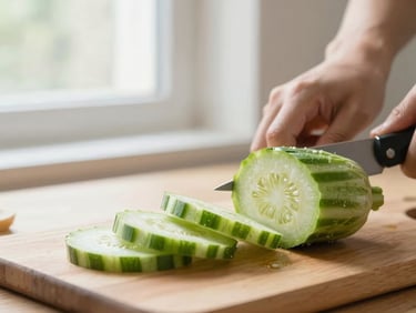 Bright editorial food photography, soft lateral window light, close-up of fresh organic vegetables being sliced on a wooden board, natural warm tones, shallow depth of field, 50mm lens