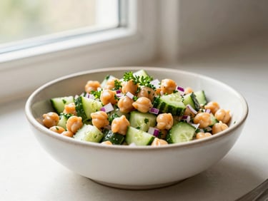 Bright editorial food photography, soft lateral window light, a fresh ceramic bowl of chickpea salad with chopped cucumbers, red onions, and parsley.
