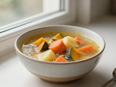 Bright editorial food photography, soft lateral window light, a rustic ceramic bowl of warm vegetable soup with carrots, squash, and potatoes, shallow depth of field.