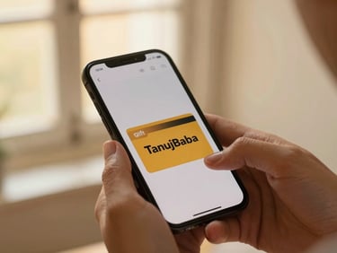 Medium close-up of a smartphone screen displaying a digital gift card for TanujBaba, hands holding the phone, warm natural light, shallow depth of field, soft cream background.