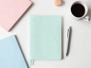 Airy minimalist overhead flat-lay of colorful pastel notebooks, neat pens, and a clean coffee mug on a white desk, soft diffused morning light, 35mm lens