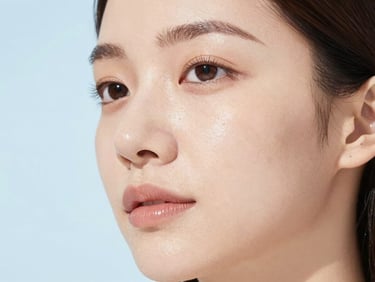 Close-up of healthy, glowing skin on a woman's face, soft diffused daylight, elegant editorial composition, pastel blue and white tones.