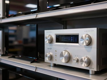 Flat-screen televisions and audio receivers displayed on shelves in a showroom, cool rim-lighting on metallic edges, dark background, sharp documentary framing