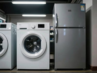 Washing machine and refrigerator side by side on a showroom floor, cool overhead fluorescent light, metallic surfaces, anthracite background, documentary style
