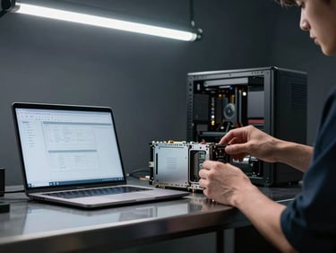 Laptop and desktop computer components arranged on a steel service bench, technician's hand adjusting a component, cool fluorescent overhead light, dark anthracite background