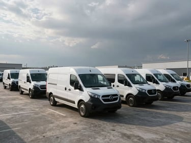 High-end commercial fleet of white transport vans parked in a perfect diagonal row on a concrete staging area under cold morning sun, wide-angle heroic framing, industrial editorial photography.
