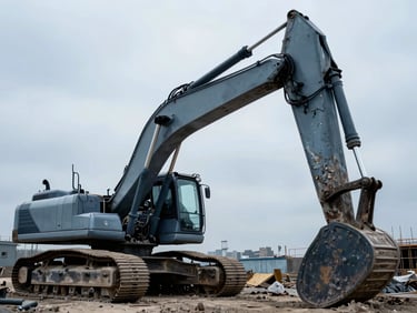 A heavy hydraulic excavator on an active construction site, dramatic overcast daylight, desaturated steel and blue tones, low-angle heroic shot showing massive scale, 35mm.