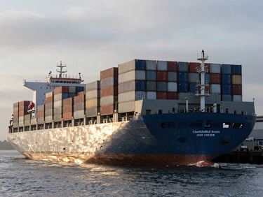 A massive container ship loaded with industrial vehicles leaving a busy shipping port, cold morning sun reflecting on steel hulls, wide environmental shot, 35mm.