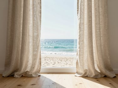 Neat linen drapery folds framing a window with bright natural sunlight pouring onto a light wood floor.
