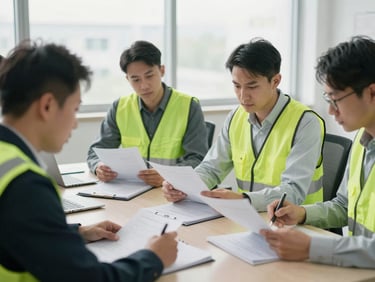Legal and safety professionals reviewing case files and technical reports on a conference table, serious, focused, office setting with natural light, desaturated tones with safety green accents, 35mm