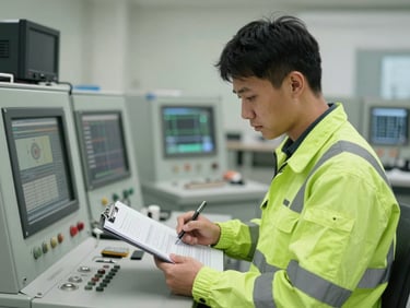 Engineer reviewing technical documents on a clipboard in an industrial control room, focused, natural light, desaturated tones with safety green accents, 35mm