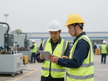 Safety manager coordinating logistics on a tablet, with industrial equipment and personnel in the background, organized, natural overcast daylight, desaturated tones with safety green accents, 35mm