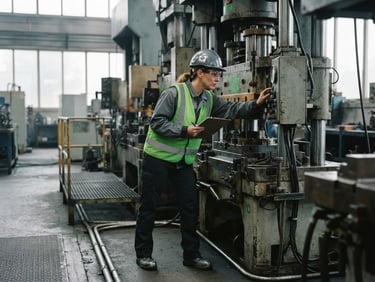 Industrial documentary photography of a safety engineer inspecting a large industrial machine, wearing safety gear, with natural overcast daylight, desaturated tones with safety green accents, 35mm.