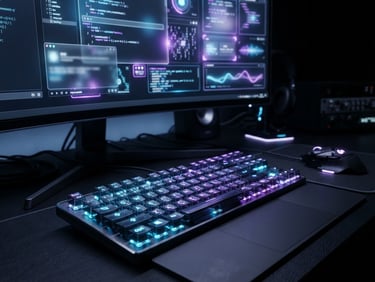 Macro close-up of a high-end developer workspace in a dark room, glowing neon blue and violet screen accents, glassmorphic terminal interface, octane render
