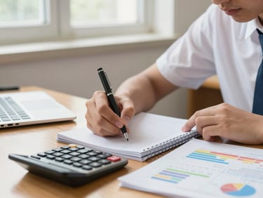 Close-up of high school student writing in a ledger, calculator and colorful charts on a wooden desk, bright natural daylight