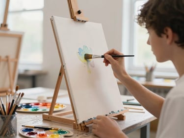 Student painting on a canvas in a sunlit art studio, paintbrushes and colorful palettes on the side, authentic setting