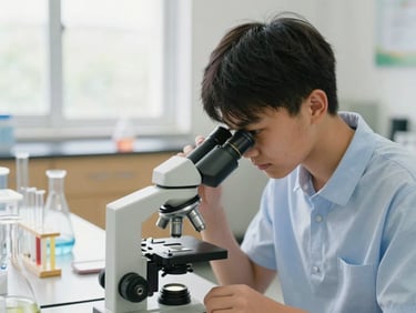 High school student looking through a microscope in a bright science lab, glassware in soft focus background, natural light