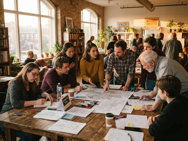 A wide, warm-toned photograph of a community planning session around a wooden table, natural golden-hour light streaming through windows, authentic documentary style