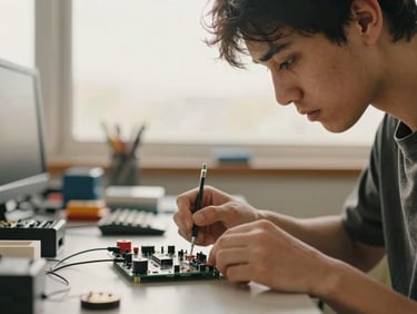 A close-up candid shot of a young adult focused on wiring a digital circuit board in a modern technical workshop, natural soft overcast light, shallow depth of field.