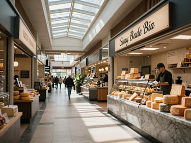 Wide environmental shot of an indoor food hall corridor at quiet mid-morning — stall fronts with hand-lettered signs, a vendor restocking cheese on a marble counter, natural light from a skylight above, no customers yet