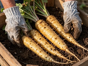 Overhead close-up of freshly harvested root vegetables laid on dark soil in a wooden crate, a farmer's mud-caked gloves resting beside them, golden-hour outdoor light from the side