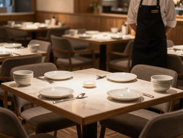 Wide environmental shot of a quiet restaurant dining room at end of service, warm tungsten light over a single set table, mismatched ceramic bowls stacked at the edge, a server's apron hanging on a chair back