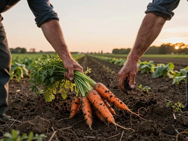 Wide environmental shot of a working farm field at golden hour, a farmer's hands in the foreground pulling a bunch of muddy carrots from dark soil, rows of crops stretching back to a treeline, natural warm light low on the horizon