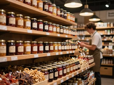 Eye-level shot inside a specialty food market, a timber shelf of jarred preserves and dried goods in the foreground, a staff member in an apron restocking in the background under warm tungsten pendant lights