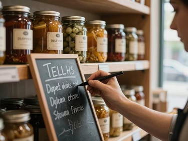 Close-up of a specialty food market counter at a quiet mid-morning moment, glass jars of preserved goods lined on a shelf behind, a staff member's hands writing a chalkboard price tag in the foreground left, natural window light from the right, muted warm tones