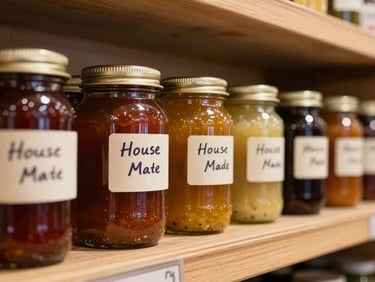 Close-up of glass jars of house-made preserves lined on a rough pine shelf inside a specialty food hall, warm tungsten light from overhead, handwritten labels, slightly dusty wood grain visible
