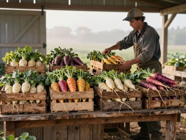 Environmental wide shot of a small CSA farm stand at early morning, wooden crates of mixed root vegetables arranged on a rough-hewn counter, a farmer in work clothes reaching to adjust a crate, soft diffuse morning light filtering through an open barn door, earthy textures throughout