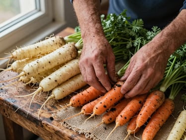 Overhead close-up of a market worker's hands arranging seasonal root vegetables on a worn wooden display table, natural morning window light, soil still visible on the carrots, textured burlap beneath