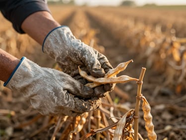 Close-up of hands harvesting heirloom dry beans from brittle stalks in a sun-dried field, late afternoon golden light, soil and chaff visible on weathered work gloves, shallow depth of field with the field rows blurring behind