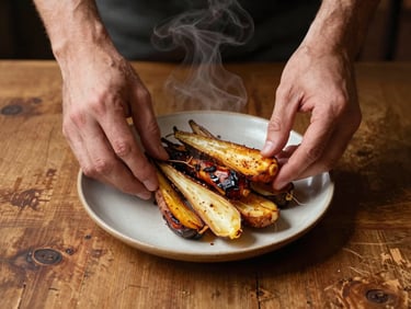 Close overhead shot of hands arranging roasted root vegetables on a ceramic plate at a scarred wooden restaurant table, warm tungsten light from above, steam rising gently, deep shadows in the corners, no styling props