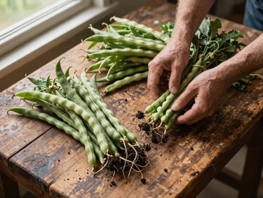 Close overhead shot of a worn wooden farm table, hands sorting through bunches of freshly pulled heirloom beans with soil still clinging to the roots, natural window light falling from the upper left, weathered surface texture visible at the edges