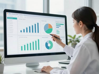Medium-close shot of a clinical operations manager analyzing a clean digital dashboard with financial charts, bright natural daylight, cool slate tones.
