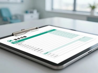 Close-up of a tablet showing clean medical billing charts on a desk in a modern medical facility, bright natural daylight.