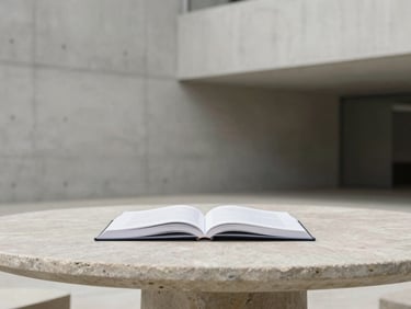 Minimalist conceptual photography of a single open book on a stone table inside a modern concrete building in Spain, soft natural daylight, clean lines.