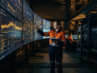 Wide-angle industrial editorial photography of an engineer in high-vis gear analyzing high-contrast data screens inside a moody, low-key control room, sharp focus, deep navy and raw gold tones.